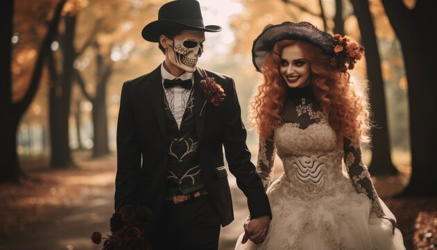 Photo of a couple dressed up as skeleton bride and groom