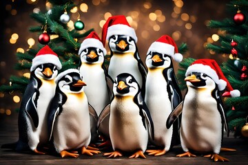 Fototapeta premium A group of cheerful penguins wearing Santa hats and standing near a Christmas tree.