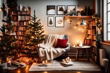 A cozy reading nook with a bookshelf, warm blanket, and a small Christmas tree.