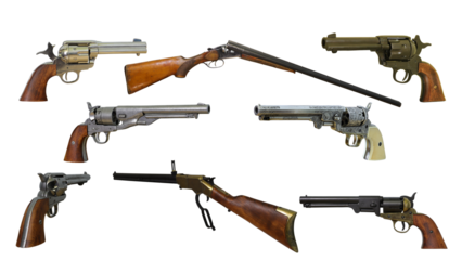 old west guns , wild west revolvers and shot guns on transparent background

