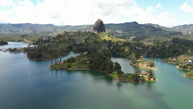 Stunning Aerial View of El Pe&ntilde;&oacute;n de Guatap&eacute; (Piedra del Pe&ntilde;ol), Medellin Colombia taken on summer 2023