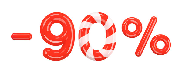 90 percent Off. Christmas Sale. Discount creative design of red and striped volumetric numbers and signs. Mega sale or ten percent bonus symbol on white. Sale banner and poster. 3d Vector