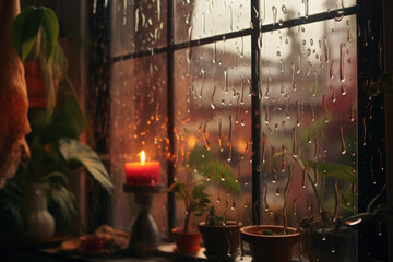 Raindrops falling on a windowpane with a cozy interior in the background