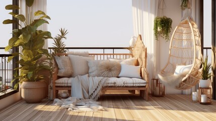 Real photo of relaxing boho zone in home. Wooden floor on terrace with comfy furniture and green plants. Decoration concept. Sunny summer day. - obrazy, fototapety, plakaty