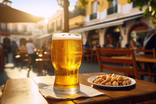 pinte de bi&egrave;re et petite assiette de cacahou&egrave;te pos&eacute; sur une table en bois en terrasse d'un bar en &eacute;t&eacute;