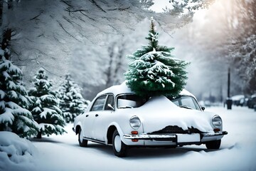 A snow-covered car with a Christmas tree tied to the roof, ready to be brought home.