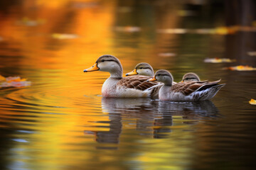 Family of ducks gliding gracefully across a tranquil pond with reflections of autumn foliage on the water's surface