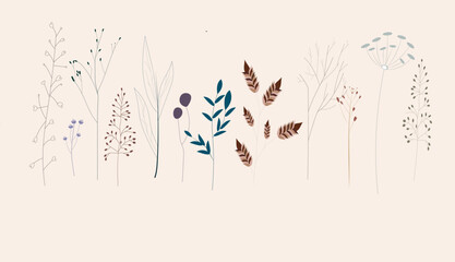 Floral Vector Background: Hand-Drawn Wildflowers, Herbs, Leaves, and Grass in Delicate Silhouettes with Pastel Colors on a Beige Background