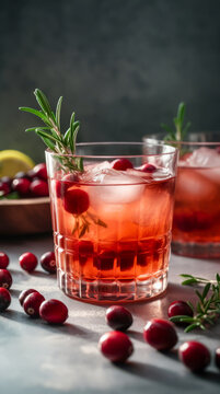 Cranberry Rosemary Cocktail in a glass with fresh berries. Vertical, side view