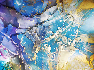 Blue Abstract. Motley Emerald Alcohol ink. Ocean