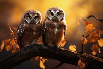Group of owls perched on a branch with a moon in the background