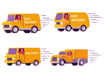 The postman is driving a van.Isolated on white background.Flat vector.Moving is a fast driver.Shipping fast delivery truck.Delivery truck with man.Delivery courier man.Cargo transportation.