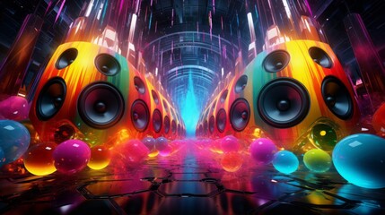 An urban tunnel bursts with color and music, a futuristic subway of sensory delights featuring balloons and a frisbee. Generative AI