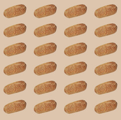 Square cream background with bread. Bread with sesame seeds. Repeating print.