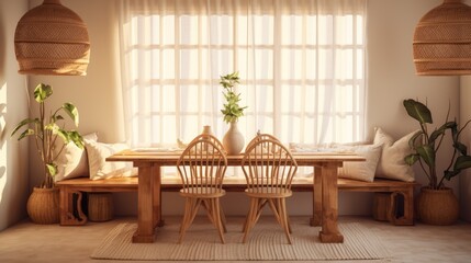 Fototapeta premium Plants and rug in natural dining room interior with white chairs and table under lamp. Real photo
