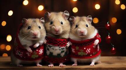 Family of hamsters with Christmas clothes posing for a Christmas card photo