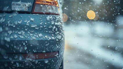 winter car safety tips on snowy iced road in cold weather. 