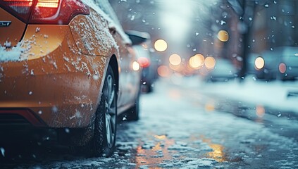 winter car safety tips on snowy iced road in cold weather.  - obrazy, fototapety, plakaty