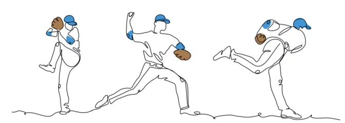 Fotobehang Baseball player pitcher throws the ball. One continuous line art drawing of baseball pitcher © alstanova@gmail.com