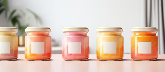 Multicolored glass storage jars in light orange and pink style close-up in a bright interior. Mockup labels, banner