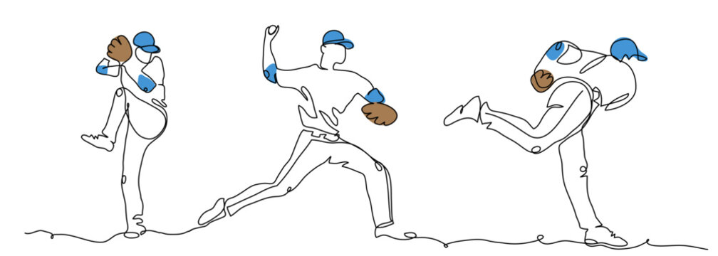 Baseball player pitcher throws the ball. One continuous line art drawing of baseball pitcher