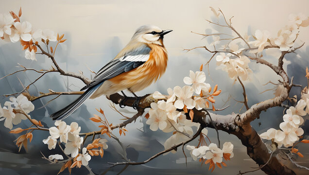 A painting watercolor of a bird sitting on a tree branch