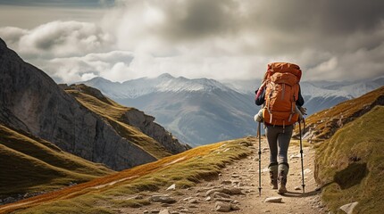 Mujer con palos de trekking en un camino de alta montaña
