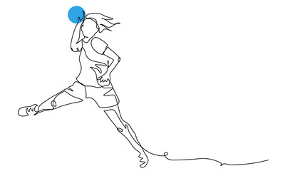 Handball player female throws the ball. One continuous line art drawing of handball player in jump - obrazy, fototapety, plakaty