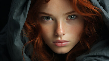Studio portrait of a beautiful fashion model with dark red hair and wearing a blue shawl. Closeup.  Clear skin and natural makeup.