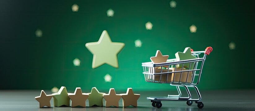 Online shopping e commerce delivery and customer reviews represented by a green checkmark on white parcel boxes in a shopping cart with a five star rating on a blue background