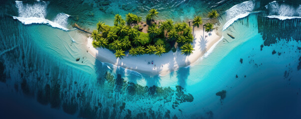 Drone shot of a remote tropical island, featuring turquoise waters, palm-fringed beaches, and coral reefs from above - obrazy, fototapety, plakaty