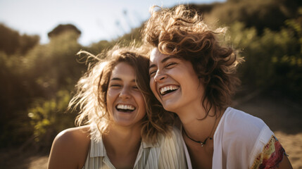 Naklejka premium Love and affection shine through as two women embrace in the park..