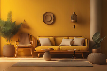 Cozy home interior with wooden furniture on yellow background in boho dark style