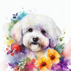 watercolor painting of a bichon frise dog wearing a wreath of flowers and leaves on its head
Image generated with artificial intelligence, AI-illustrated