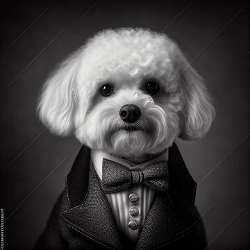 Bichon frise dog with elegant clothes, old photo of elegant dog in black and white, vintage pet photo,
Image generated with artificial intelligence, AI-illustrated