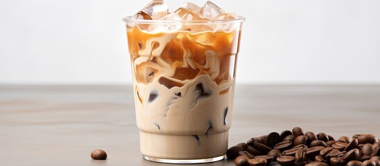 Takeaway cup of creamed iced coffee on white background