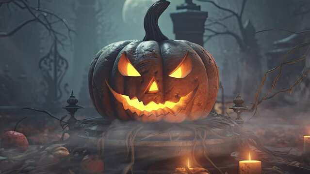Creepy Halloween pumpkin with fog in the cemetery.