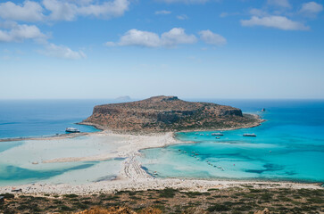 Aerial top down drone view of Balos bay beach at Chania, Greece. Famous tourism travel destination. - 650829584