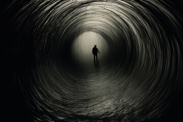 States of mind, psychology, horror concept. Dark human silhouette walking in black surreal vortex corridor or tunnel painted with pencil or charcoal. Melancholy and sadness mood. Generative AI - obrazy, fototapety, plakaty