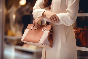 Female shopper trying on and choosing a luxury handbag to matching her elegant style - obrazy, fototapety, plakaty