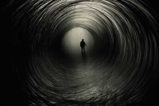 Fototapeta States of mind, psychology, horror concept. Dark human silhouette walking in black surreal vortex corridor or tunnel painted with pencil or charcoal. Melancholy and sadness mood. Generative AI
