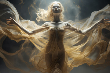 Beauty, fashion, make-up and fantasy concept. Ghostly looking beautiful and sexy woman with floating in air big golden dress. Levitating model like underwater. Generative AI