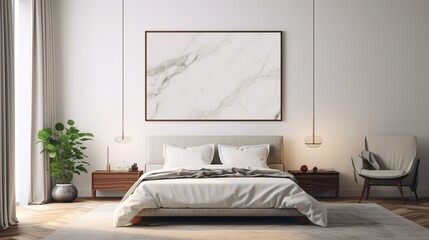 A Mockup poster blank frame, artfully suspended on a marble wall, evoking a sense of contemporary elegance above a modern bed, surrounded by carefully chosen furniture in a modern living room .