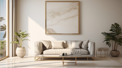 A Mockup poster blank frame, artfully displayed on a marble wall, evoking a sense of modernity above a luxurious modern bed, nestled in an impeccably designed living room. Captured in stunning