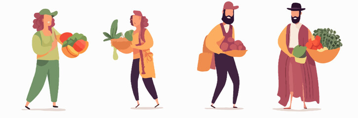 Graphics showing people carrying baskets, bags, and crates filled with fresh, locally grown vegetables