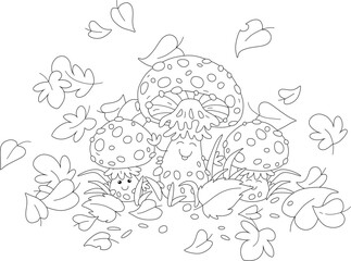 Fly agarics among grass and flying leaves in an autumn forest, funny Kawaii characters, black and white outline vector cartoon illustration for a coloring book