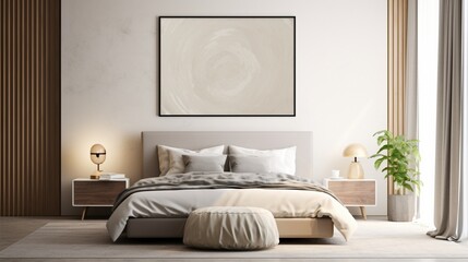 A Mockup poster blank frame, delicately showcased on a marble wall, creating an artistic focal point above a modern bed, within a stylishly furnished modern living room. Captured in mesmerizing