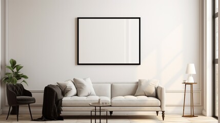 A Mockup poster blank frame, delicately showcased on a marble wall, creating an artistic focal point above a modern bed, within a stylishly furnished modern living room. Captured in mesmerizing - obrazy, fototapety, plakaty