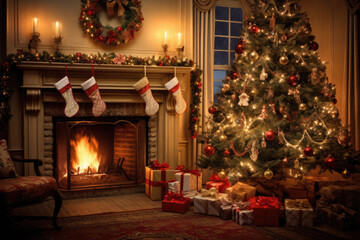 Christmas living room scene with a beautifully decorated tree, stockings hung by the fireplace, and warm, glowing lights - Powered by Adobe