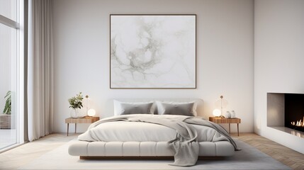 A Mockup poster blank frame, elegantly positioned on a marble wall, instilling a sense of modern sophistication above a modern bed, within a contemporary living room. Delivered in exquisite